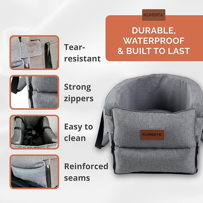 Kumdita' Center Console Car Seat & Carrier for Small Dogs & Cats with Dual Over-Seat Straps, Sewn-in Safety Leash & PE Board Base (Grey)
