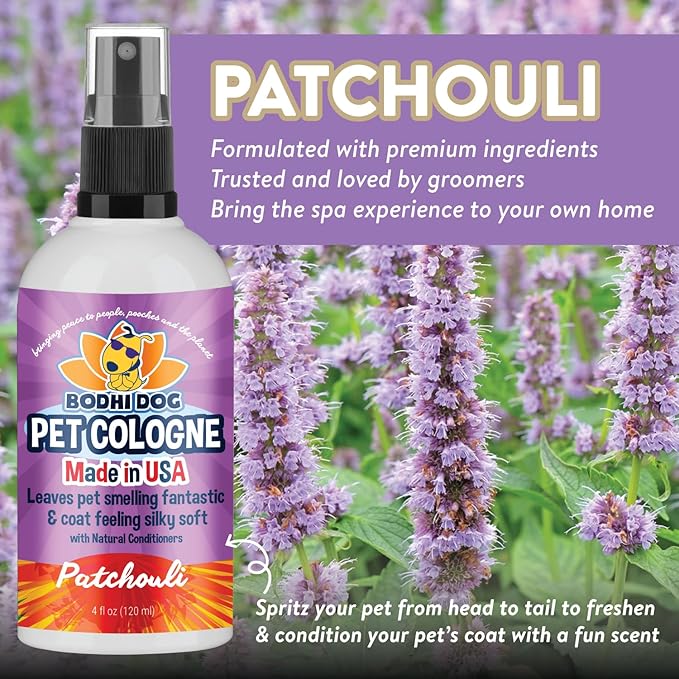 Bodhi Dog Premium Dog Cologne - Deodorizing Dog Perfume & Conditioner for Dogs & Cats - Natural Long Lasting Spray - Keeps Pets Fresh All Day - Gentle & Safe Formula, Made in USA (Patchouli 4 Fl Oz)
