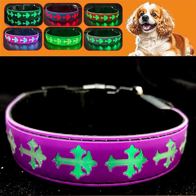 Pet Collar with AirTag Holder and ID Tag, 15 Lighting Modes, Waterproof Cross Pattern Design, Multiple Colors (Purple, XL(19.7-23.6"))