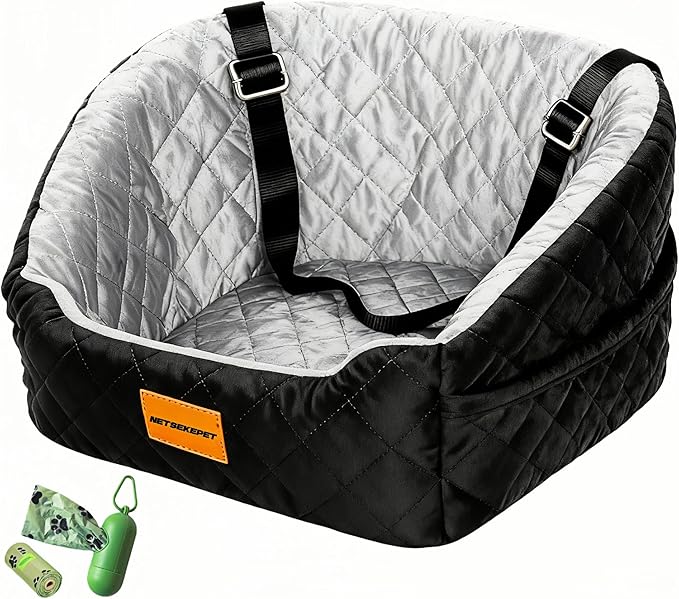 Dog Car Seat for Small Pets, Detachable Washable Pet Booster Seat Under 30lbs, Travel Bed with Storage Pockets and Dog Safety Belt (Black/Grey)