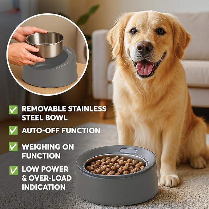 BowlScale Stainless Steel Digital Pet Feeding Bowl with Built-in Food Scale, Removable Stainless Steel Dish, Portion Guide, and Non-Slip Base for Dogs and Cats