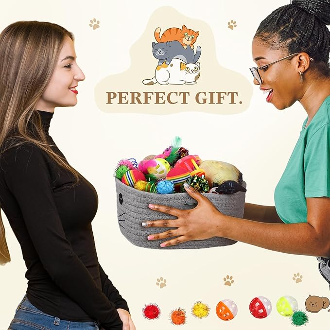 Zopeal 58 Pcs Cat Storage Basket Gift Toys Set, Colorful Flashing Balls Pet Bell Crinkle Balls Spring Toys Attract Cat to Swat, Hunt, Interactive for Pet(Grey,9.8 Inch)