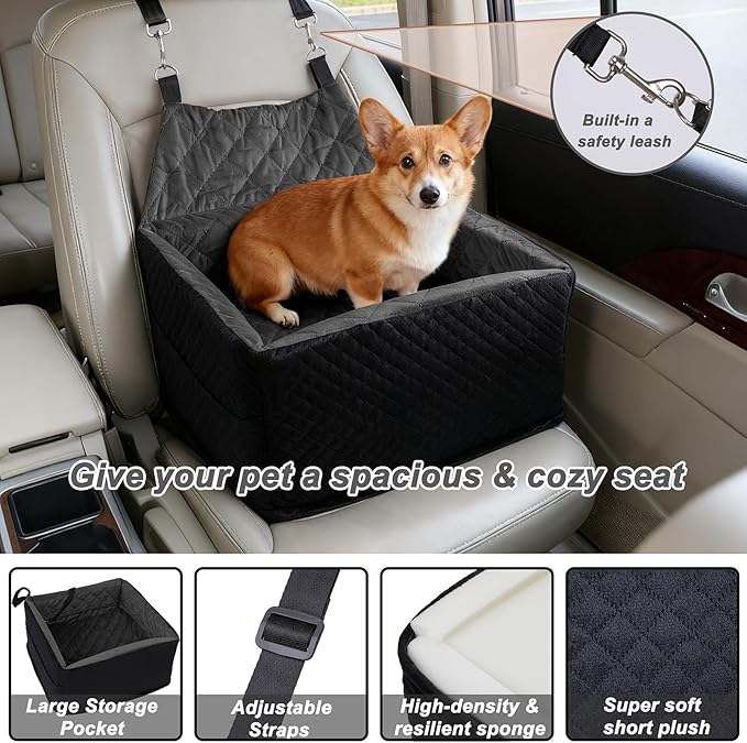 Memory Foam Dog Car Seat for Small/Medium Dogs,Travel Booster Seat for Dogs up to 35 lbs, Washable Removable Cover & Storage Pockets, Comfortable & Safe Car Seat for Pet Travel