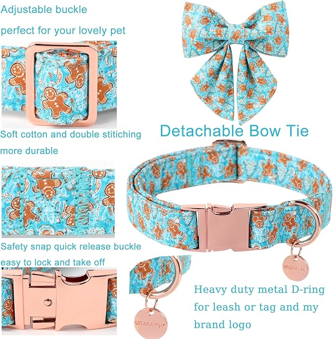 Christmas Dog Collar with Bow Tie,Adjustable Gingerbread Pet Collar,Chriatmas Puppy Bowtie Collar for Small Medium Large Dogs, XS, Neck 8-12in