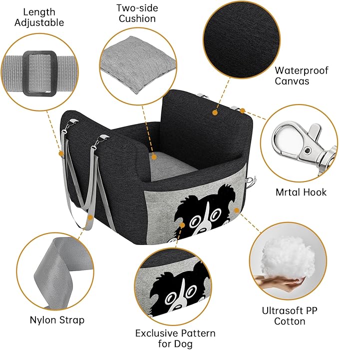 Dog Car Seat for Small Dogs,Waterproof Dog Booster Car Seat with Storage Pockets,Pet Carseat Puppy Travel Carrier Bed,Thickened Memory Foam Filling, Black & Grey