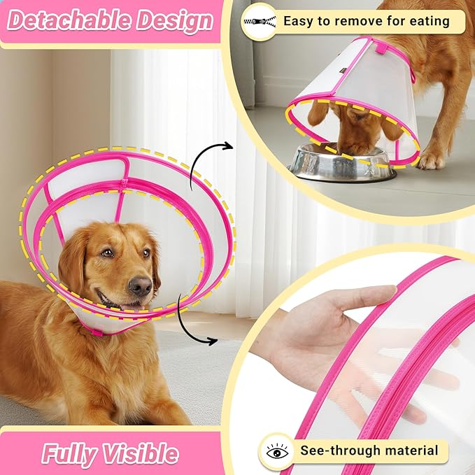 Dog Cone to Stop Licking, Clear Recovery Collar with Detachable Zipper, Sturdy Elizabethan Collar for Large Medium Small Dogs, Soft Adjustable Cone After Surgery Patented, Hot Pink XXL