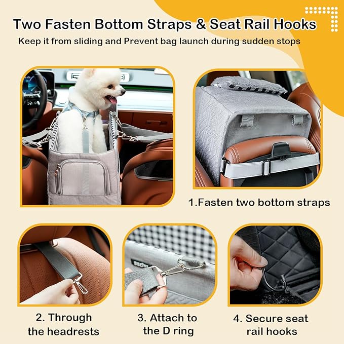 Console Dog Car Seat for Small Dogs Cats Up to 15lbs, Anti-Collapse Pet Armrest Booster Seat with Soft Pillow,Non-Slip Seat Rails Hooks & Safety Belt, Portable Car Accessories for Pets Travel