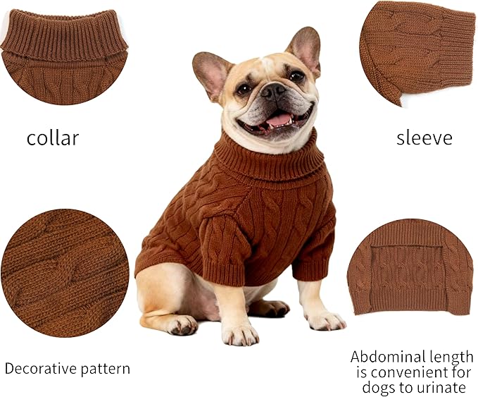Small/Medium Dog Sweater, Warm Dog Winter Coat w/Sleeves, Comfortable High Neck Premium Dog Clothes for Bulldog-Best for Holidays, Daily Walks L Brown