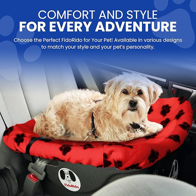 FidoRido Dog Car Seat - Pet Booster Seat for Small to Large Dogs with Comfortable Cushions, Sherpa Cover, and Safety Straps, Easy to Install, Ideal for Travel, Red, Black Paw Prints - Small Harness
