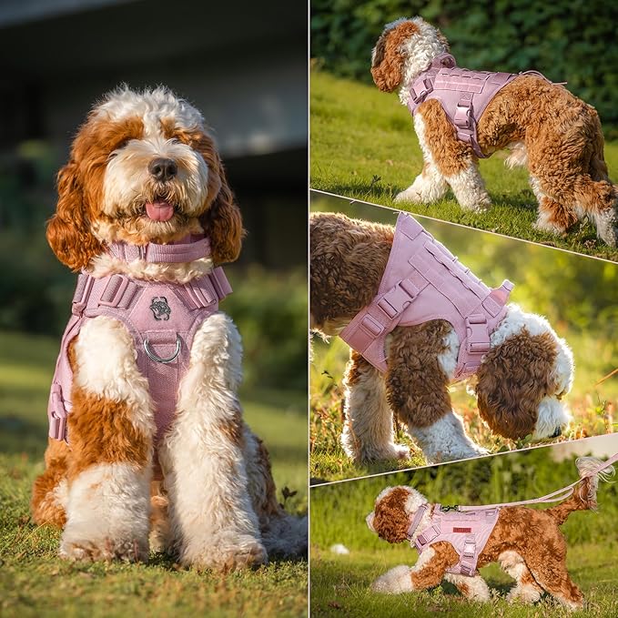 OneTigris Tactical Dog Harness Vest,No-Pull Service Dog Vest with Hook & Loop Panels,Adjustable Dog Vest Harness for Walking Hiking Training(Pink,S)