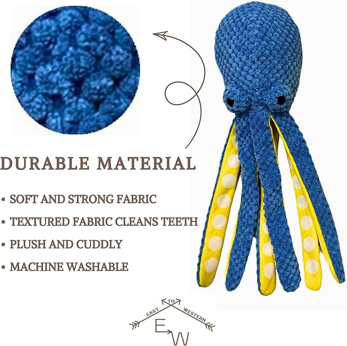 Duck and Octopus Dog Toys - Crinkle, Squeaky, Plush, No Stuffing, Interactive, Stimulating, Fun, Boredom, Busy, Calming, Cuddle, Puppy, Play, Gift - Large, Medium, Small Dog - Set of 2