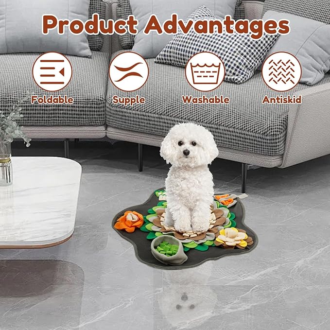 Plush Fabric Flower Shape Slow Eating Mat Bright Color Interactive Dog Snuffle Mat with Non-Slip Back for Smell Training for Small Dog Cat Rabbit(Grey,Small Dogs)