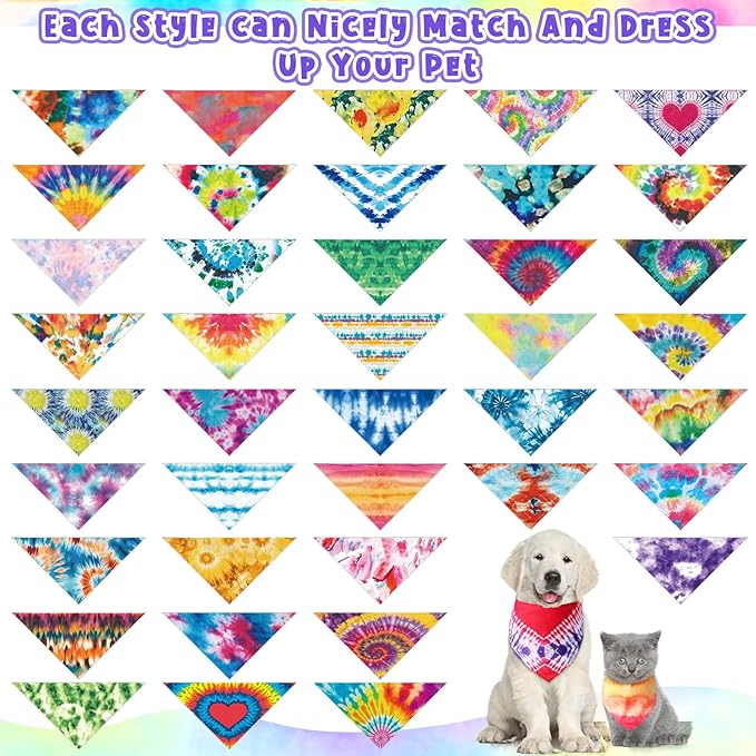 Amylove 120 Pcs Dog Bandanas Bulk Holiday Triangle Dog Pack Puppy Kerchief Bandana Adjustable Pet Scarf for Pet Cat Costume Accessories Decor(Tie Dye)
