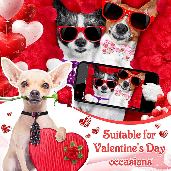 Eccliy 120 Pieces Valentines Day Dog Bow Tie Collar Set Valentines Dog Collar Bows Bulk Adjustable Pet Grooming Neckties for Large Medium Small Pet Cat Holiday Party Decoration Supply