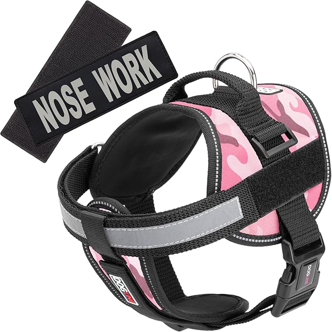 Dogline Unimax Dog Harness Vest with Nose Work Patches Adjustable Straps Breathable Neoprene for Identification Training Dogs Girth 22 to 30 in Pink Camo