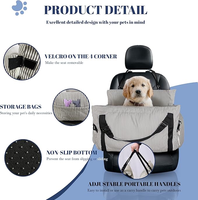 Daneey Dog Car Seat for Medium Dogs, Dog Booster Seat for Car, Fully Detachable Washable Dog Car Bed for Car Travel, Non-slip Safety Pet Car Seat with Seat Belt, Brown
