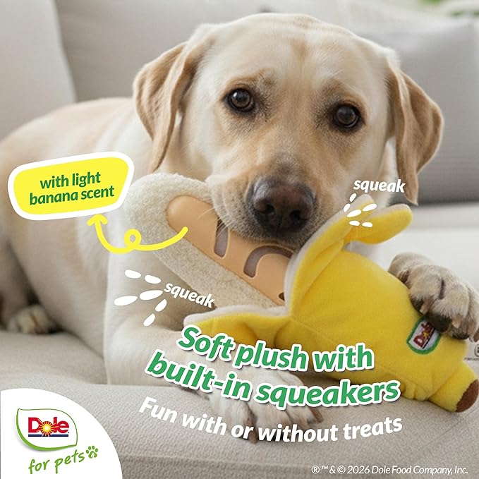 Dole for Pets® Dog Puzzle Toy with Squeaker, Banana Snuffle Dog Treat Toy for Small and Medium Dogs, Dog Enrichment Toys