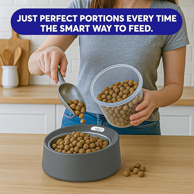 BowlScale Stainless Steel Digital Pet Feeding Bowl with Built-in Food Scale, Removable Stainless Steel Dish, Portion Guide, and Non-Slip Base for Dogs and Cats