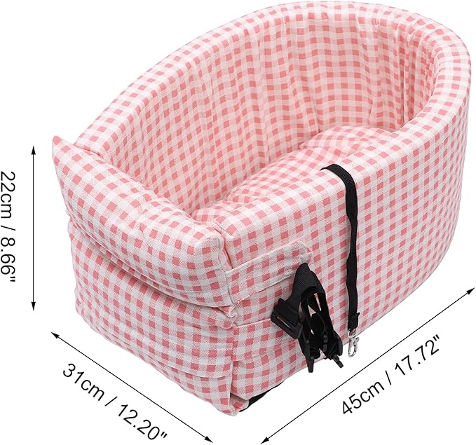 X AUTOHAUX Plaid Style Dog Car Seat Adjustable Straps for Medium Small Sized Puppy Cat Seat Pets Soft Non Slip Bottom Travel Bed Pink White