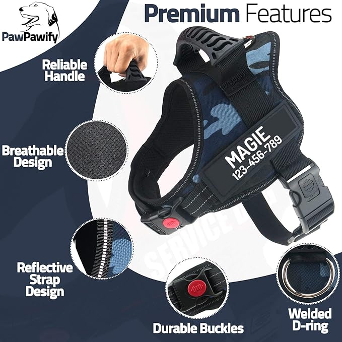 Personalized No Pull Dog Harness with Custom Name and Phone Number by PawPawify, Heavy Duty Pet Vest to Prevent Tugging, Pulling, or Choking, Training and Walking XXL Chest 33-46in Blue Camo