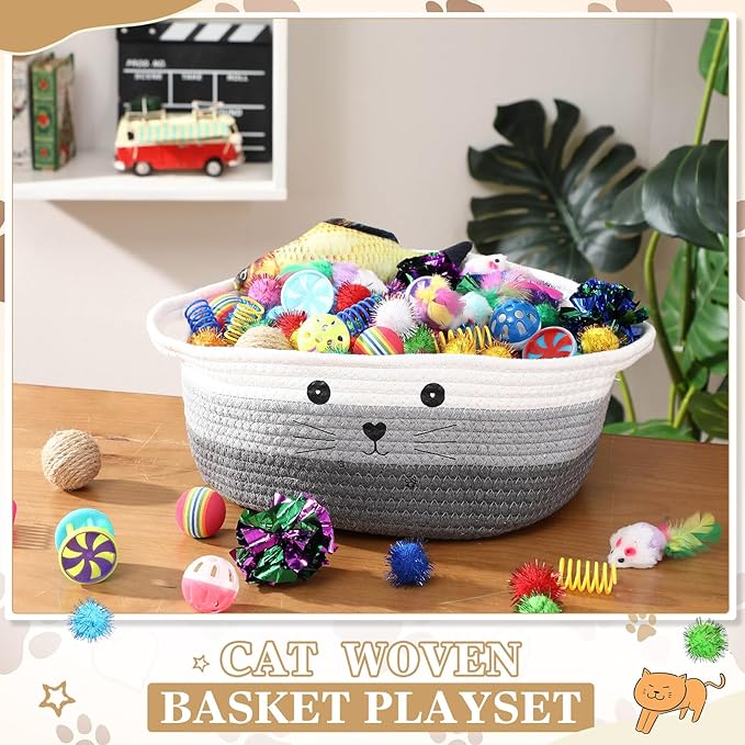 Zopeal 58 Pcs Cat Storage Basket Gift Toys Set, Colorful Flashing Balls Pet Bell Crinkle Balls Spring Toys Attract Cat to Swat, Hunt, Interactive for Pet(Multicolor,12 Inch)
