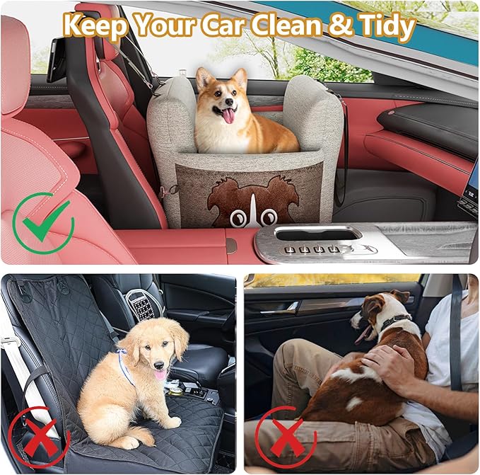 Dog Car Seat for Small Dogs,Waterproof Dog Booster Car Seat with Storage Pockets,Pet Carseat Puppy Travel Carrier Bed,Thickened Memory Foam Filling, Beige & Brown