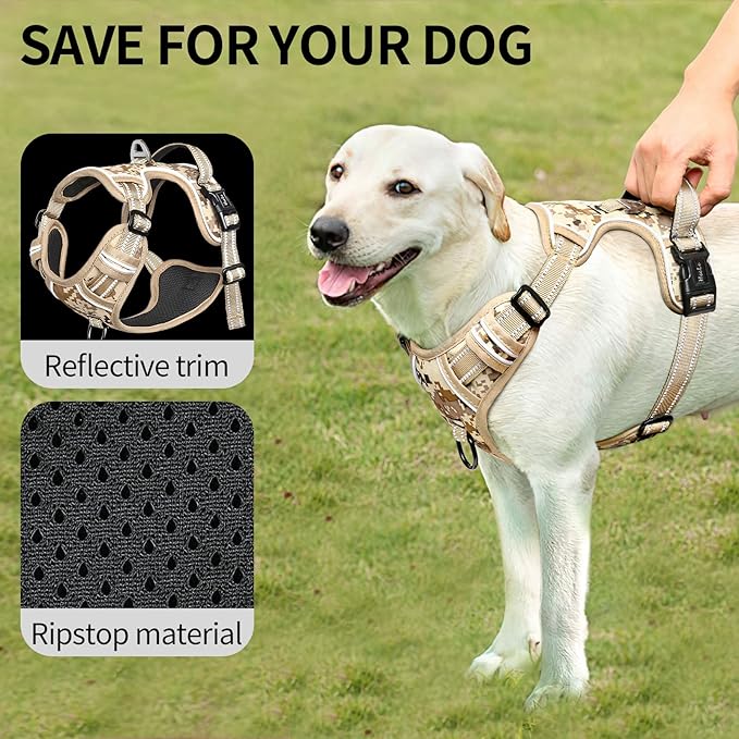 HEELE Dog Harness, No Pull Adjustable Padded Reflective Harness for Small Medium Large Dogs with Handle for Walking Training,Camo Tan, L