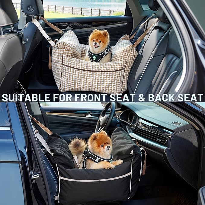 Dog Car Seat for Small to Medium Dogs - Waterproof Pet Booster Seat for Car with Clip-On Safety Leash, Travel Carrier for Puppy up to 25 lbs, Memory Foam Filling & Adjustable Buckles, Grey