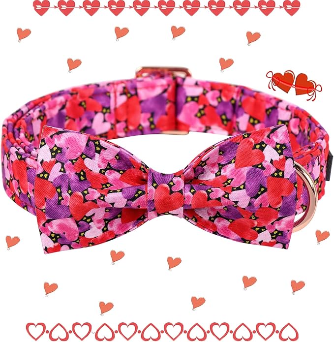 Maca Bates Valentine's Day Dog Collar with Fancy Bow for Medium Girl Boy Dogs,Tiedyed Love Hearts Pattern,Adjustable Durable Soft Valentine Gift for Female Male Puppy
