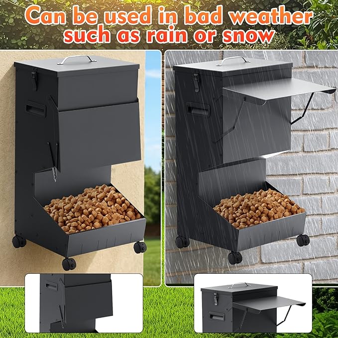 1 Pcs Automatic Large Dog Feeder with Lid and Wheels Outdoor 50 Lbs Self Feeding Pet Food Dispenser for Large Breed Dogs Pets