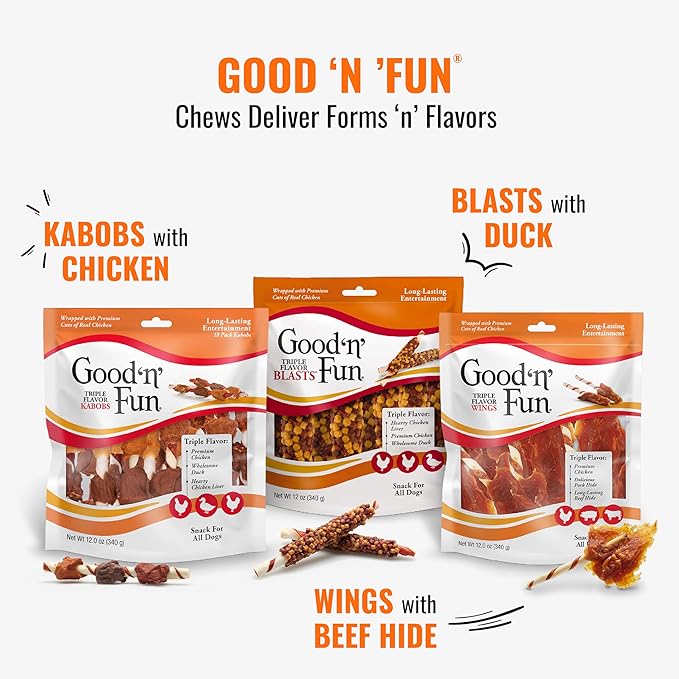Good ’n’ Fun Triple Flavor Kabobs 48 Ounce, Rawhide Snack for All Dogs, 48 Oz (Pack of 4)