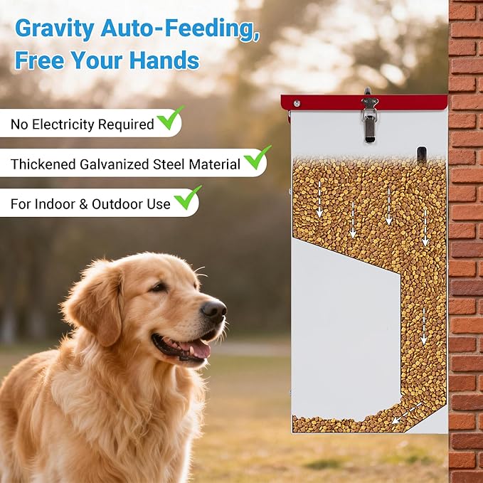 Heavy-Duty Metal Dog Feeder - 25LBS Food Capacity Automatic Gravity Dispenser, Powder Coated & Waterproof for Indoor & Outdoor Use, 12.3" L x 10.5" W x 21.3" H, Red and White