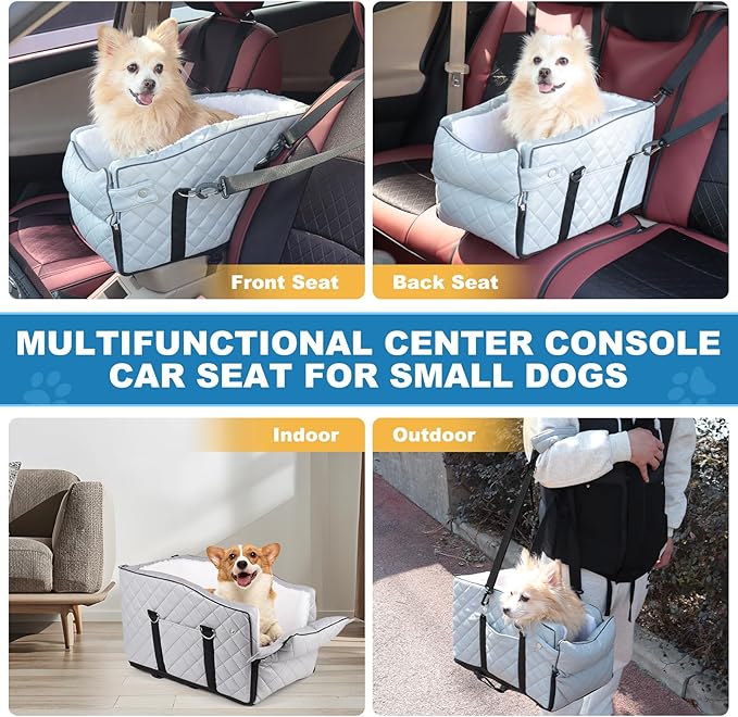 PU Center Console Dog Car Seat for Small Dogs Up to 12lbs, Portable Dogs Armrest Booster Seat with Adjustable Straps & Storage Pocket (Grey PU)