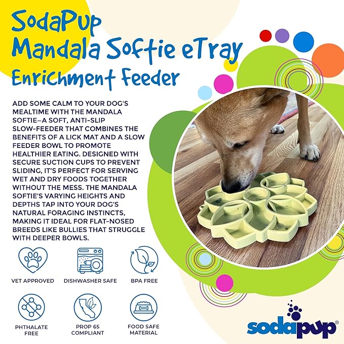 SodaPup Mandala Softie eTray –Durable Enrichment Feeder Made in USA, Non-Toxic, Pet-Safe, Food Safe Rubber for Mental Stimulation, Avoiding Overfeeding, Fresh Breath, Digestive Health, Calming, & More