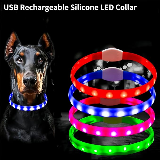 Rechargeable LED Dog Collar with Soft Silicone,Adjustable Glowing Safety Collar for Night Walks,3 Lighting Modes (Fast/Slow Flash/Steady),4 Colors (Red/Blue/Pink/Green),Fits Multiple Dog Sizes (Blue)