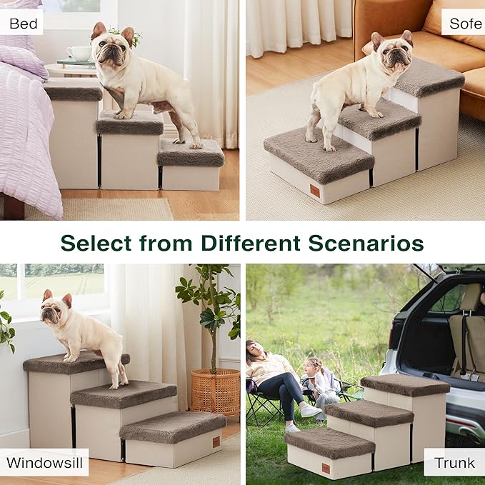 Love's cabin Dog Stairs for High Bed 18" H,3 Steps with Furry Lids Pet Stairs for Small Medium Large Dogs,Foldable Cat Ramp with Zip up to 200 lbs,Brown