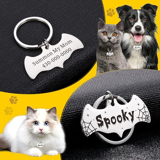Bat Dog Tag - Personalized Christmas Dog Collar Tag – Goth Ghost Bat Pet ID Tags for Dogs & Cats, Christmas Accessories for Pet, Xmas Stocking Stuffers, Summon My Mom Dad, Cute Winter Gifts for Pets