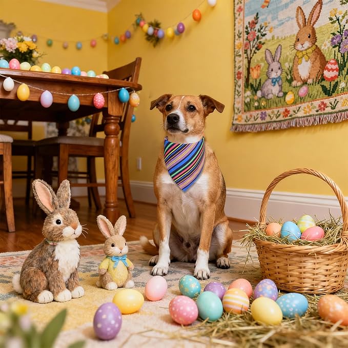 Easter Dog Bandana for Large X-Large Dogs 18-23" Neck - Reversible Navy Bunny & Pastel Stripes Scarf, Cute Pet Accessory for Spring Gift