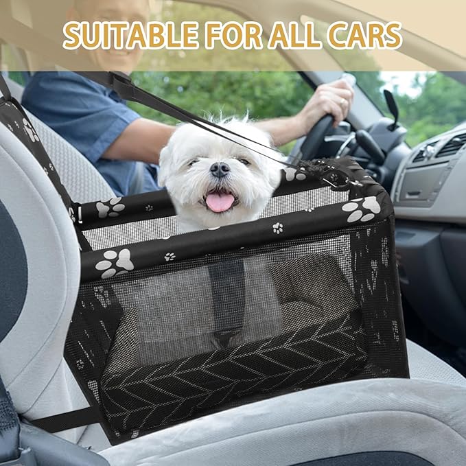 PetsHome Dog Car Seat Foldable Dog Car Booster Seat Waterproof Breathable Oxford Travel Bag for Small to Medium Dogs, Puppies, and Pets-Pattern Black+Mat