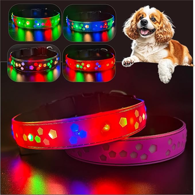 Personalized USB-C led Light up Flashing Night Dog Collar with Waterproof airtag Holder, 4 Modes Running Flashing Light (Pink, S(7.87-11.8"))