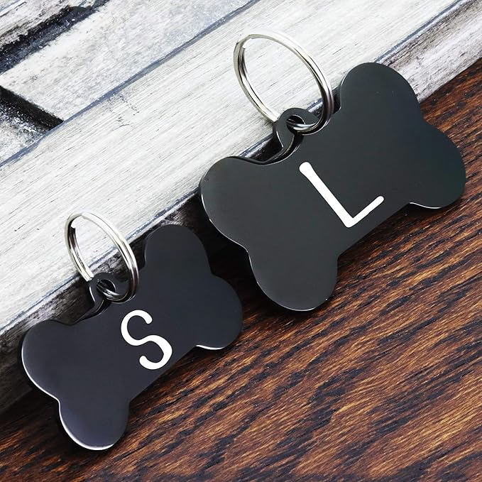 UltraJoys Stainless Steel Pet ID Tag Dog Name Tags Personalized Front and Back Engraving,Customized Dog Tags and Cat Tags,Optional Engraved on Both Sides,Bone Tag with Floral Design,Small,Black
