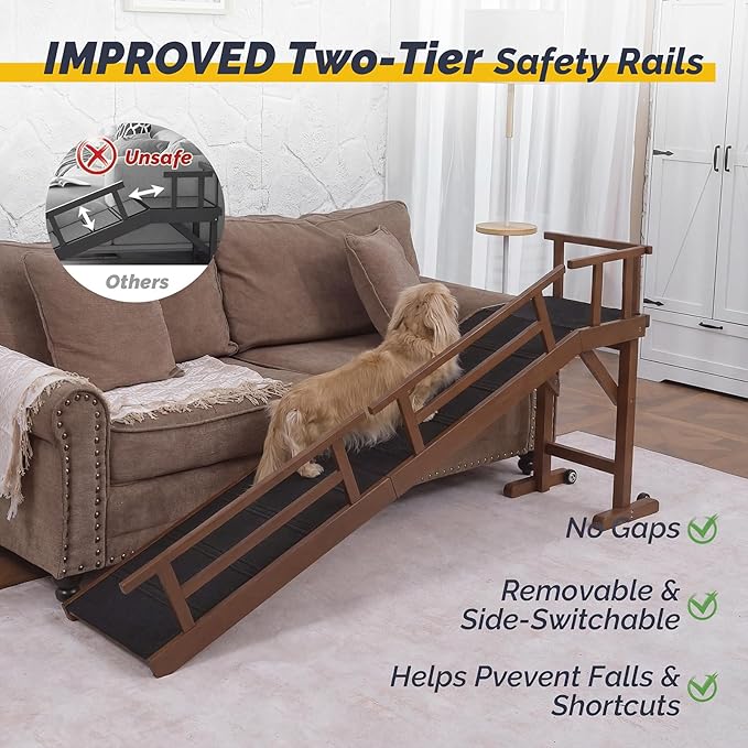Dog Ramp for Bed or Couch, Wooden Pet Ramp with 20° Gentle Slope, Removable Side Rails, Non-Slip Surface, Top Platform & Wheels, Safe Bed Ramp for Small, Medium & Senior Dogs, 74" Long, Walnut