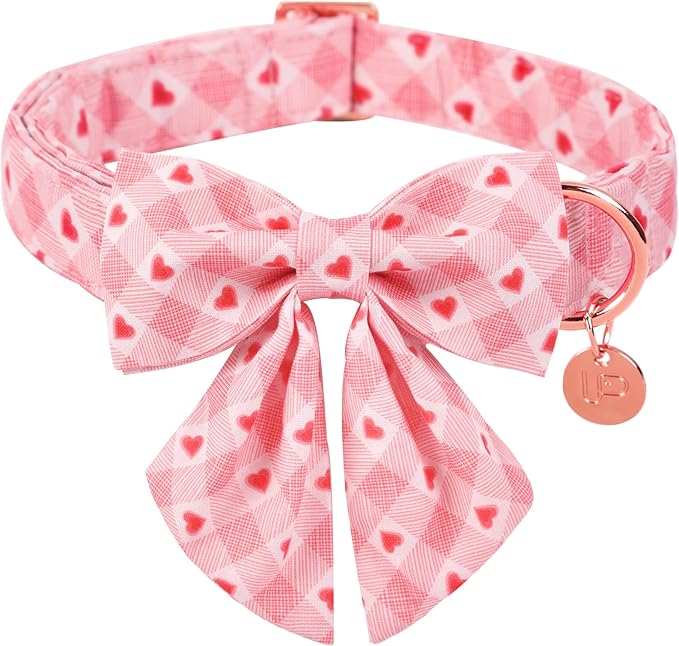 Valentine Dog Collar with Bow Tie, Valentine Bowtie Collar for Small Girl Boy Dog, Cotton Collar with Metal Buckle, Valentine’s Gift Pet Collar, S, Pink Plaid