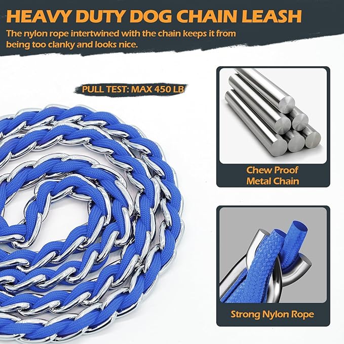 Chew Proof Metal Leash Chain Dog Leash for Medium Large Dogs, Chain Link Anti Chew 5.2FT Strong Anti Bite Comfortable Soft Padded Handle Blue