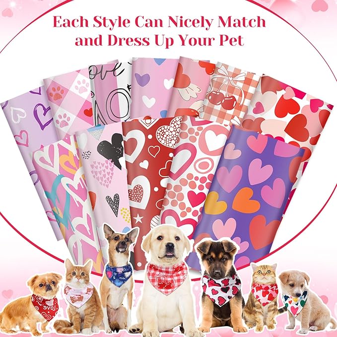 Amylove 120 Pcs Dog Bandanas Bulk Holiday Triangle Dog Pack Puppy Kerchief Bandana Adjustable Pet Scarf for Pet Cat Costume Accessories Decor(Love)