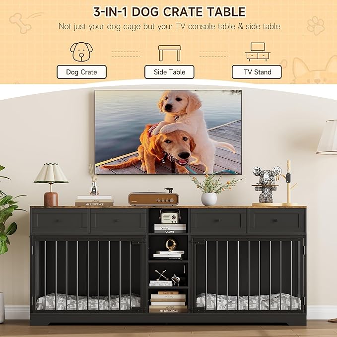 GarveeHome 82" Double Dog Crate Furniture, Large Dog Kennel Indoor for 2 Dogs, Heavy Duty Wooden Dog Crate TV Stand with 4 Drawers and Shelves, Black