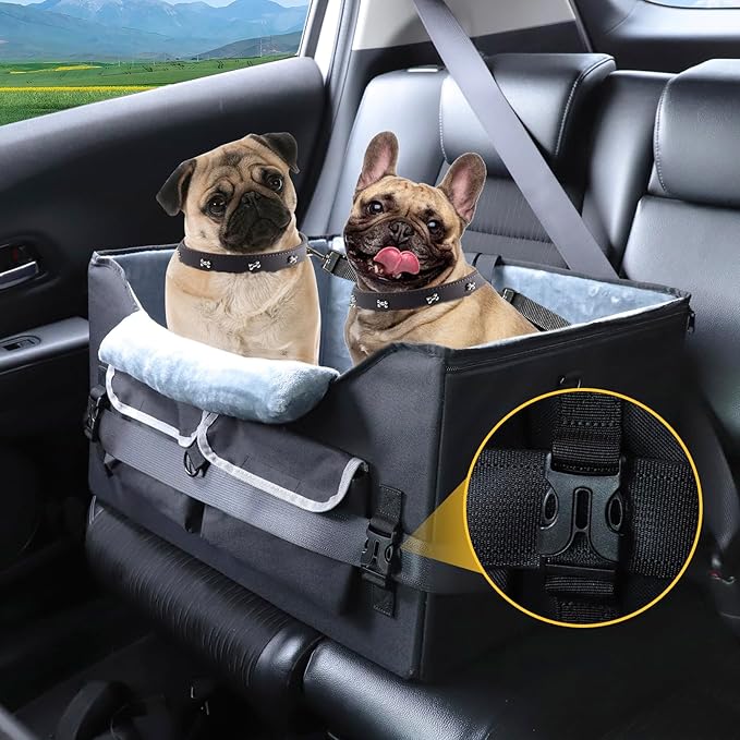 Foldable Dog Car Seat for Small/Medium Dogs,Potable Puppy Booster Seat with Harness &Safety Belt, Travel Pet Bed can Removable & Washable Suitable for 2 Dogs 25-30 lbs(Black)