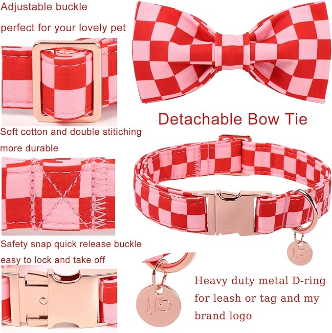 Red and Pink Plaid Dog Collarwith Bow Tie– Adjustable Red & Pink Checkered Dog Collar for Small Medium Large Dogs, Soft Xmas Plaid Puppy Collars with Quick Release Buckle L