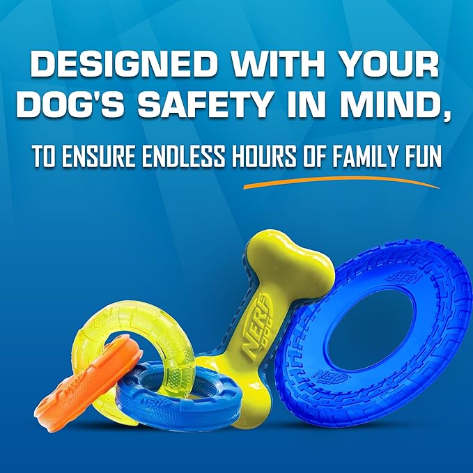Nerf Dog Toy Gift Set, 3-Piece Set of Outdoor Dog Toys for Tug and Fetch, Includes 3-Ring Tug, Exo Squeak Bone and Tire Flyer