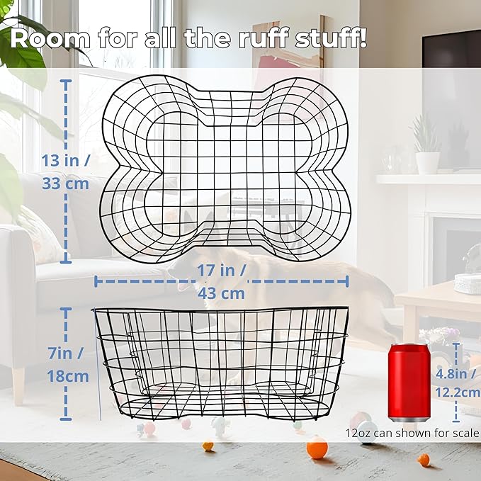 Metal Dog Toy Basket, Bone Shaped Indestructible Dog Toy Bin, Sturdy Storage Organizer, 17 (L) x 13 (W) x 7 (H) inches